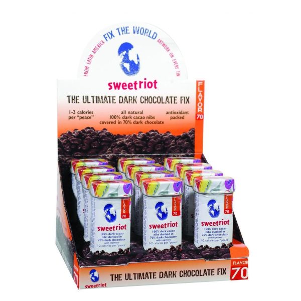 Sweetriot Cacao Nibs - Flavor 70 - 70 Percent Dark Chocolate Covered - With Espresso - 1 Oz Tins - Case Of 12 Cheap