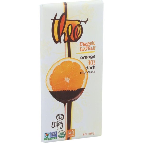 Theo Chocolate Organic Chocolate Bar - Classic - Dark Chocolate - 70 Percent Cacao - Orange - 3 Oz Bars - Case Of 12 For Sale