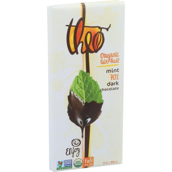 Theo Chocolate Organic Chocolate Bar - Classic - Dark Chocolate - 70 Percent Cacao - Mint - 3 Oz Bars - Case Of 12 For Sale