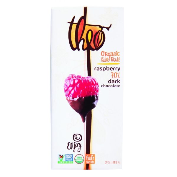 Theo Chocolate Organic Chocolate Bar - Classic - Dark Chocolate - 70 Percent Cacao - Raspberry - 3 Oz Bars - Case Of 12 Hot on Sale