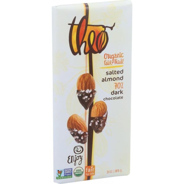 Theo Chocolate Organic Chocolate Bar - Classic - Dark Chocolate - 70 Percent Cacao - Salted Almond - 3 Oz Bars - Case Of 12 on Sale