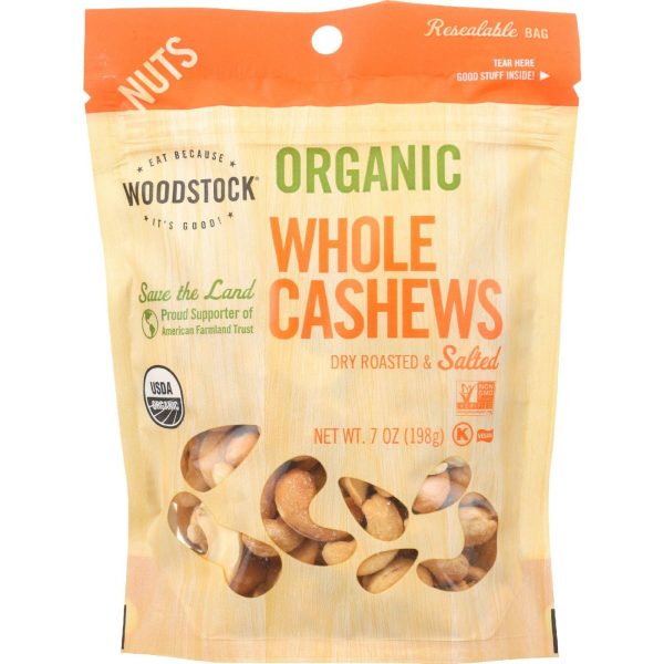 Woodstock Nuts - Organic - Cashews - Whole - Large - Dry Roasted - Salted - 7 Oz - Case Of 8 Supply